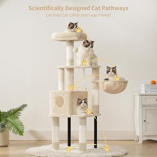 Heybly Cat Tree, 49.2 Inches Cat Tower for Indoor Cats, Spacious Cat House Condo with Hidden Space，Sturdy Steel Tube，Soft Plush Top Perch，Cozy Hammock and Sisal Scratching Posts, Beige HCT200SM