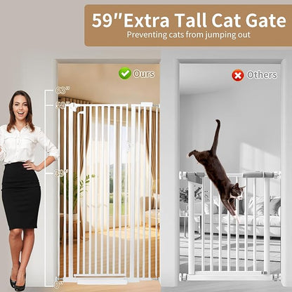 59“ Extra Tall Cat Gate for Doorway: 33.4-37.4” Wide Pet Gate, Auto Close/One Handed Open, 1.34” Extra Small Gap, No Drill Pressure Mount Tall Cat Gate for Interior Stairs/Kitchens/Hallways (White)