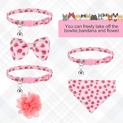Breakaway Cat Collars with Bell & Cute Pendants - 3 Pack Adjustable Safety Kitten Collars - Decoration for Girl Boy Cats Puppy and Small Pets (Style C - Strawberry)