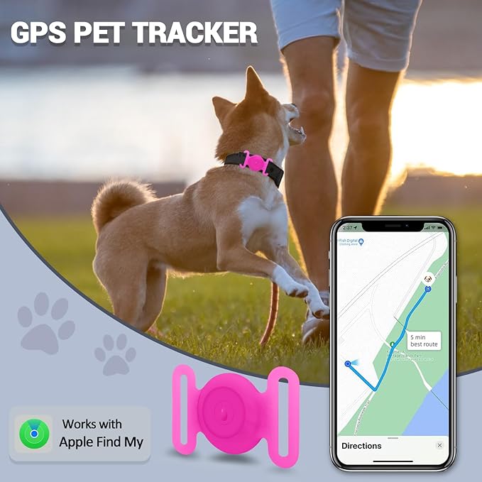 GPS Tracker for Dogs, Mini GPS Cat Tracker, Dog Tracking tag with Holder, No Monthly Fee, Work with Apple Find My(iOS Only), Dog Tracking Device, Anti-Lost, Finder Tag for Pets/Kids (Luminous-Pink.)