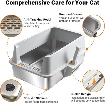 2 Pack Stainless Steel Litter Box,XL Metal Cat Litter Box with Lid High Sides,Extra Large Litter Box for Big Cats,Odor-Resistant, Scratch-Proof, Easy to Clean,Scoop &Mat Included