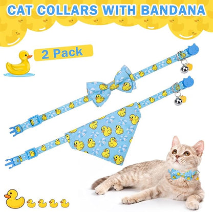 SCENEREAL Cat Collar with Bells, 2 Pack Breakaway Cat Collars with Removable Bowtie Bandana, Adjustable Cute Kitten Collar for Pet Small Dogs Boys Girls, Blue Duck
