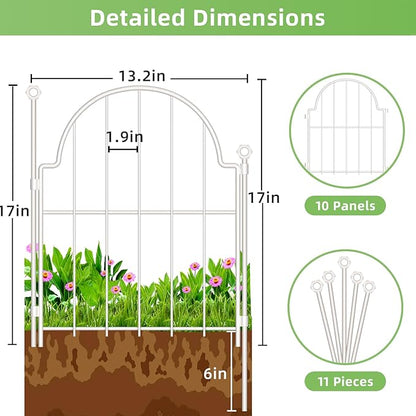 10 Pack Decorative Garden Fence, 17in x10ft Garden Fencing Animal Barrier for Dogs, Rustproof Metal Fence Panels with Ground Stake, Arched Flower Bed Edging Borders for Yard & Patio, White