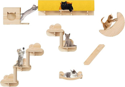 13-in-1 Cat Wall Shelves and Perches, Floating Cat Shelves, Solid Wood Wall Mounted Cat Furniture, Cat Climbing Shelves with Moon Hammock, House, Wall Ladder, Scratching Post and Cat Tunnel