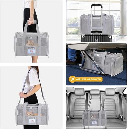 Airline Approved Cat Carrier, Soft-Sided Pet Travel Carrier for Cats and Small Dogs up to 15lbs, TSA Approved Under Seat Carrier with Collapsible Bowl, Grey