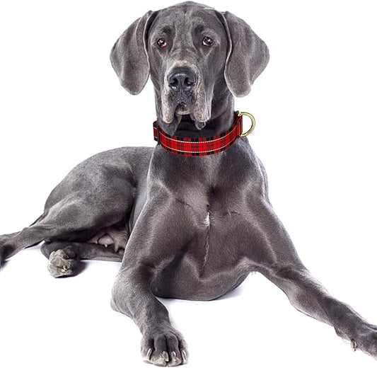 Reflective Dog Collar for Large Dogs, Cute Boho Adjustable Heavy-Duty Nylon Puppy Collar for Boy and Girl Female, Soft Pet Accessories with Quick Release Buckle, Black Red Tartan
