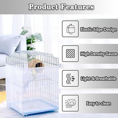 Adjustable Bird Cage Netting - Seed Catcher Guard Net Cover Skirt for Parrot, Parakeet, Macaw - Round & Square Cages - White