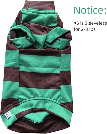Vintage Stripes Sphynx Hairless Cats Shirt Cotton Cat Turtleneck Pet Clothes Kitten T-Shirts with Sleeves for Sphynx Cats (Wide Green Brown Stripe, X-Small)