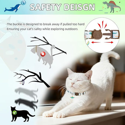 PUPTECK Breakaway Cute Cat Collar with Bell Charm, 2 Packs Adjustable Kitty Collars Animals Pattern, Blue&White, 7.8-11.8 in