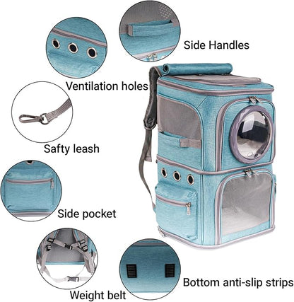2-in-1 Pet Carrier Backpack for Two Cats or One Dog, Green Double-Layer 2 Compartment Carry Bag to Transport Small Animals Traveling and Hiking, Space Capsule Clear Bubble Dome