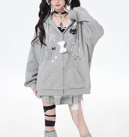 Womens Y2K Zip Up Cute Graphic Hoodies Cat Ears Casual Cartoon Harajuku Kawaii Clothes Oversize Streetwear Jacket