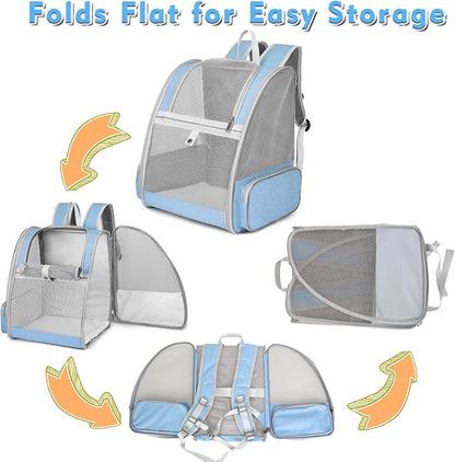 Cat Backpack Carrier, Large Pet Backpack with Kitten Wand Feather Toy for Medium Small Dog Cat Puppy Kitty Bunny up to 15lbs, Ventilated Mesh Dog Travel Carrier for Hiking Walking Outdoor Use (Blue)