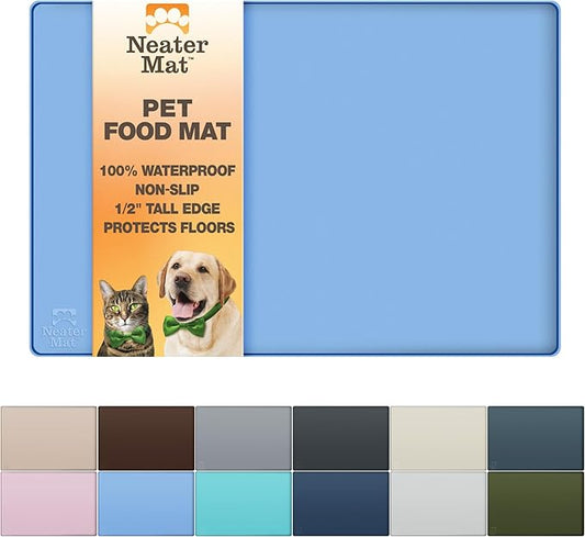 Neater Pet Brands Neater Mat Pet Mats for Food and Water, Cat & Dog Bowl Mat Waterproof Silicone, Feeding Tray, Dog Food Mats for Floors, Placemat w/Raised Edge for Under Bowls, 24" x 16", Light Blue