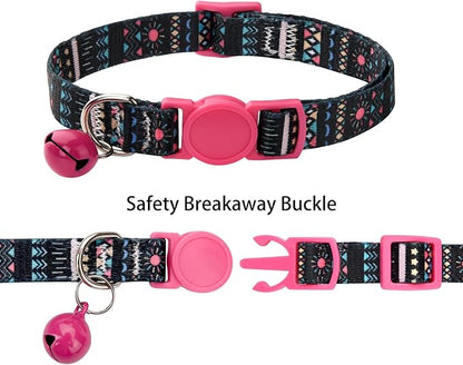 Cat Collar Breakaway with Bells, 3 Pack Girl Boy Pet Cat Collar with Bohemia Floral Tribal Geometric Patterns, Adjustable 7.5-12 Inch, with Safety Buckle for Kitten Cat(Set B)