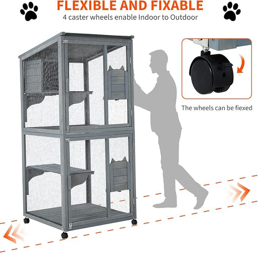 69-Inch Catio, Wooden Cat Enclosure, 4-Tier Cat House w/Waterproof Roof, Removable Tray, Nesting Box and Lockable Caster, Indoor and Outdoor Use, Easy to Clean, Multiple Accesses, Grey