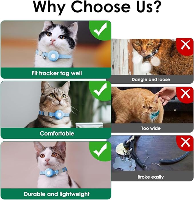 Cat GPS Tracker, Smart Cat Tracker Compatible with Apple Find My App (Only iOS), No Monthly Fee, Waterproof, Breakaway Collar Included (White Tracker, Blue Cat Collar)