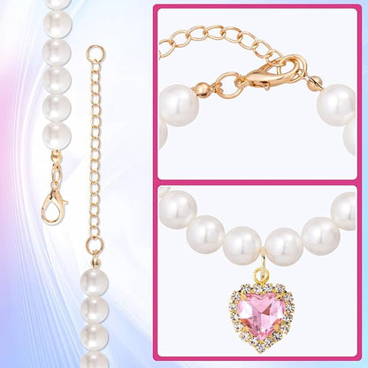 2pcs Cat Pearl Collar with Heart Pendant, Cute Pearl Pet Necklace in Small, Adjustable Wedding Party Small Dog Jewelry Accessories for Puppy Kitten- Pink & Purple