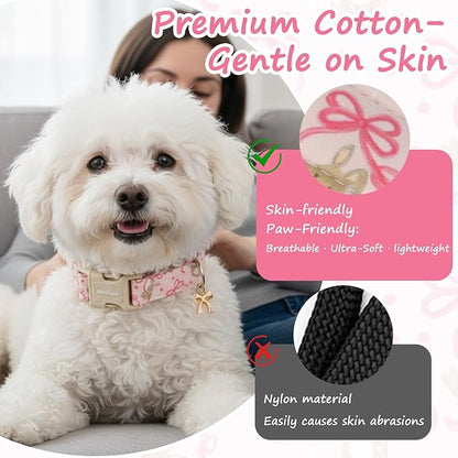 Easter Dog Collar, Spring Pink Dog Collar with Pink Bow & Rabbit, Adjustable Cotton Puppy Collars Girl Boy Collar for Small Medium Large Dogs -L