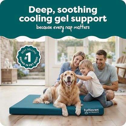 Furhaven Water-Resistant Cooling Gel Dog Bed for Large Dogs w/ Removable Washable Cover, For Dogs Up to 95 lbs - Indoor/Outdoor Logo Print Oxford Polycanvas Mattress - Deep Lagoon, Jumbo/XL