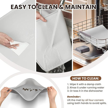 VIVAGLORY Dog Food Mat Flexmat Dog Bowl Mat, Placemat Food Tray with Raised Edges & Lip for Indoor Floor, Non Slip Waterproof Silicone Dish Placemat for Cat & Pet, S, Light Grey