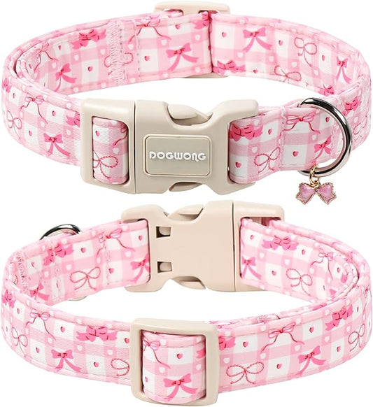 DOGWONG Pink Plaid Dog Collar-Cute Pink Bowtie Print Dog Collar, Adjustable Cotton Girl Female Pet Collar Pink Puppy Collars with Quick Release Buckle,XS