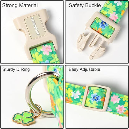 DOGWONG St. Patrick Dog Collar, Comfortable Adjustable Green Clover Pattern Dog Collar for Small Male Female Dogs,XS