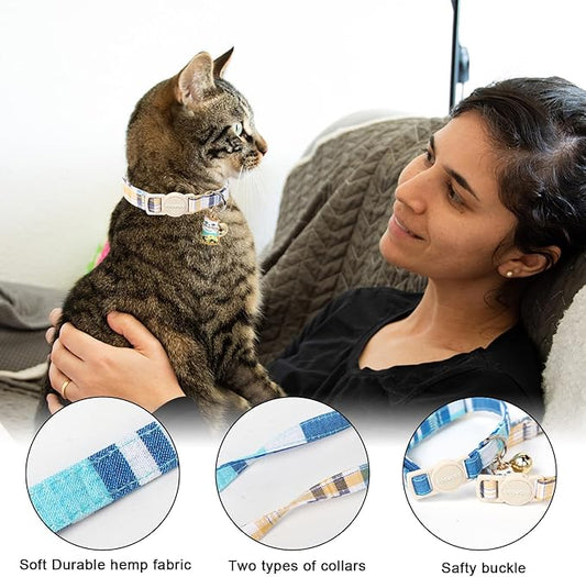 DOGWONG Cat Collar, 2 Blue Plaid Pack, Breakaway with Bell, Safety Buckle, Adjustable 7-12 Inch, Perfect Fit for Cats & Small Dogs