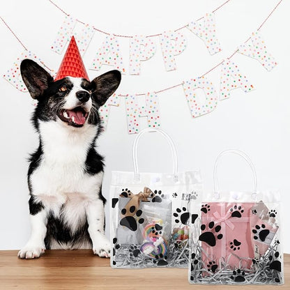 Teling 20 Packs Dog Paw Clear PVC Gift Bags with Handle Reusable Plastic Wrap Tote Bags Transparent for Puppy Pet Treat Party Favor Birthday Wedding Party, 8 x 8 x 3.15 Inch(Black)