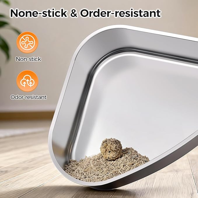 XL Stainless Steel Corner Cat Litter Box with Lid - Sturdy, No Odor & Space-Saving Hidden Design for Large Cats, Grey