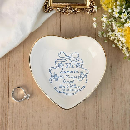 Personalized Ring Dish Engagement Gift, Whimsical Doodle Engaged Ring Holder, Custom Wedding Jewelry Dish, Jewelry Tray Gifts for Newly Engaged Couple Her Bride Wife Bestie