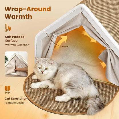Cat Houses for Indoor Cats - 4 Seasons Cat Bed Cave with Natural Sisal Cat Scratcher Mat, Solid Wood Frame Cat House with Curtains and Cat Floor Scratching Pad Rug, Protect Couch and Carpets, M