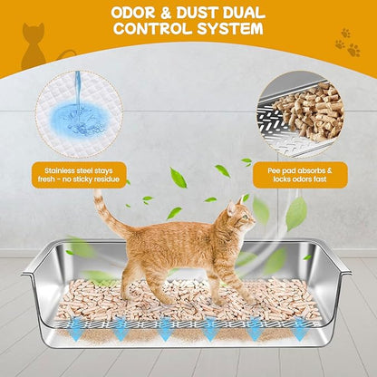 23.6''x15.7''x8'' Stainless Steel Sifting Litter Box, XXL Large Metal Sifting Cat Litter Box for Pine Pellets, Litter Pan Tray System for Indoor Cats with Scoop and Pee Pad, Easy to Clean(8 Inch)
