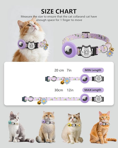 Cute Floral Breakaway Cat Collar with QR Code ID, Lightweight Cotton Safety Collar with Bell & AirTag Holder for Kittens and Cats,Pastoral Style with airtag Holder(Green)