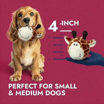 Pet Lou 4 Inch EZ Squeaky Giraffe Ball Dog Plush Toy, Stuffing-Free Soft Plush, Durable Bouncy Squeaker Ball, Floats in Water, Small & Medium Breed Chew Toys