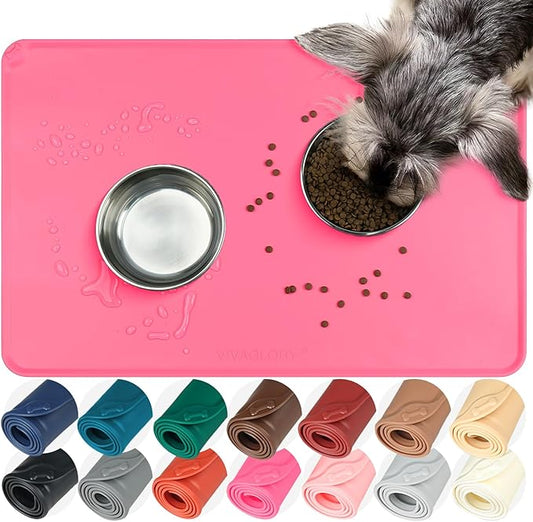 VIVAGLORY Dog Food Mat Flexmat Dog Bowl Mat, Placemat Food Tray with Raised Edges & Lip for Indoor Floor, Non Slip Waterproof Silicone Dish Placemat for Cat & Pet, L, Pink