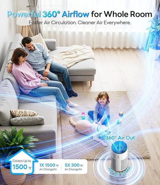 Air Purifiers for Home Large Room Cover Up to 1500 Ft² with True HEPA Filter, 20dB Sleep Mode, 360° Air Intake & Outlet, Air Cleaner for Bedroom Pets, 7 Color Light, HAP604, Bright White