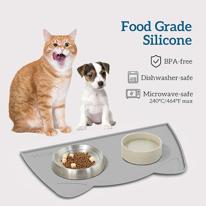 OHMO - Cat Food Mat, Silicone Pet Feeding Mat for Floor Non-Skid Waterproof Dog Water Bowl Tray, Easy to Clean Pet Placemat (Ash Light Grey, 18 * 9.8'')