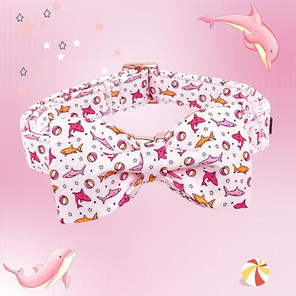 Lionheart glory Dog Collar Shark Print Dogs Bow Collar Adjustable Soft Pink Dog Collars Male or Female Summer Spring Collars with Bowtie for Small Dogs Puppy