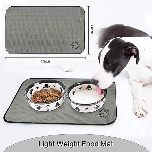 SINLAND Microfiber Pet Bowl Mat Dog Cats Feeding Mats for Food and Water Dish Drying Mat with Anti-Skid Backing 14.2Inch x 24Inch Grey