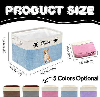 Personalized Dog Toy Storage Basket Custom Dog Name Photo Cat Pet's Gift Baskets Collapsible Organizer Box Foldable Storage Basket with Handle for Toys, Coats, Clothing, Blankets, Purple