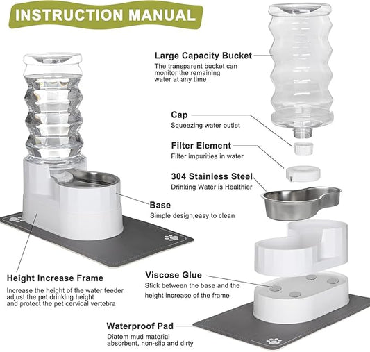 RIZZARI Large Water Dispenser for Dogs: 9L Automatic Stainless Steel Gravity Raised Pet Feeder with Specialized Brush and Triple Filter for Senior Pet Dogs with Neck Pain Garage Living Room