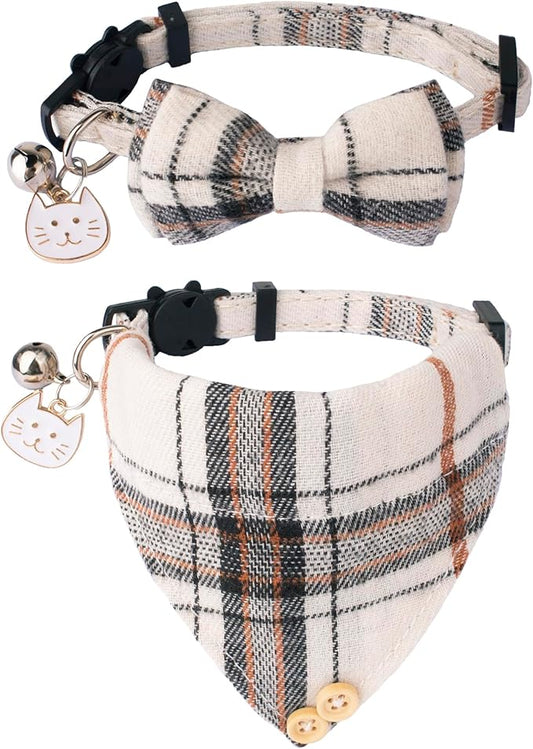 ADOGGYGO Plaid Cat Collar with Bow Bandana - 2 Pack Breakaway Kitten Collar with Removable Bowtie Bell Plaid Cat Bowtie Bandana Collars for Cats Kittens (Beige)