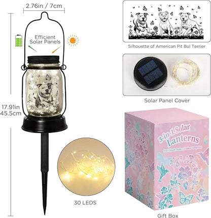 Pit Bull Gifts for Women/Men Pit Bull Solar Lanterns Mom Birthday Pibble Dog Lovers Lantern Pet loss Animal Bully Memorial Lights Solar Garden Decoration for Yard, Patio,Backyard,Porch Torches