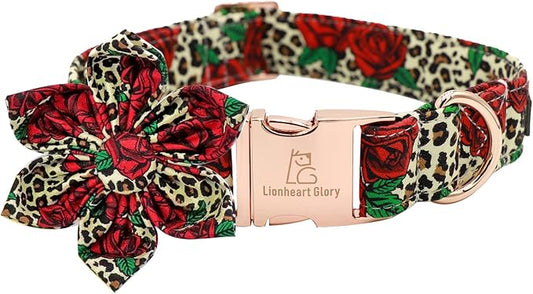 Lionheart Glory Dog Collar, Red Rose Dog Collar with Flower, Cute Floral Pattern Pet Collar Adjustable Dog Collar for X-Large Dogs