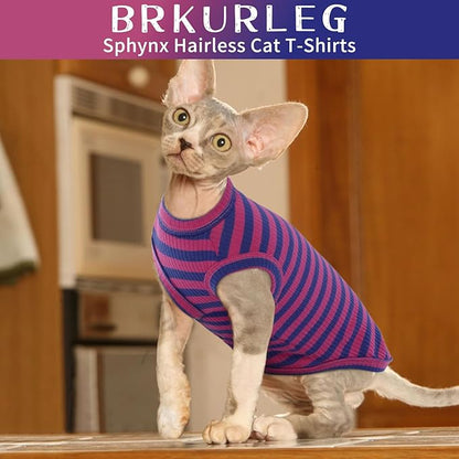 BRKURLEG Sphynx Hairless Cats Shirt Puppy Clothes Soft Cotton T-Shirts Cute Cats Pajamas Cat Stripes Vest Pet Sweater, Round Collar Vest Kitten Shirts(PinkBlue Stripes, XL)