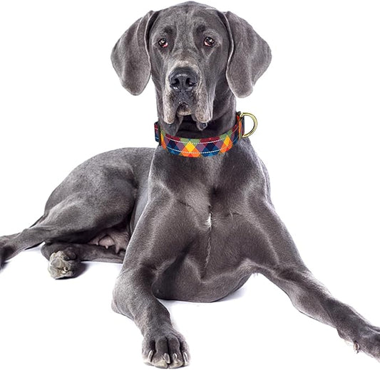 Reflective Dog Collar for Large Dogs, Cute Boho Adjustable Heavy-Duty Nylon Puppy Collar for Boy and Girl Female, Soft Pet Accessories with Quick Release Buckle, Colorful Tartan