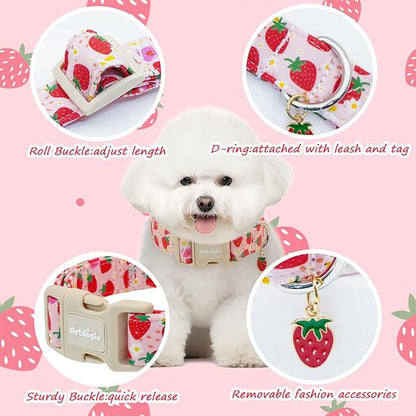 Pink Dog Collar for Small Dogs, Cute Dog Collars Girl Puppy Collar with Strawberry Pattern, Adjustable Cotton Pink Collar Ideal, Daily Photos & Pet Fashion