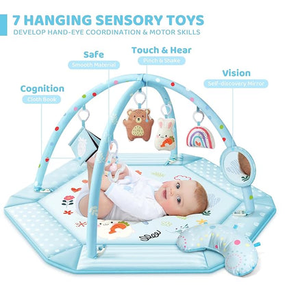 Baby Gym Play Mat, 8-in-1 Tummy Time Mat & Ball Pit with 6 Toys, Washable Baby Activity Mat for Visual, Hearing, Sensory, Motor Development, Baby Gift for Newborn Infant 0-3-6-9-12 Months (Blue)
