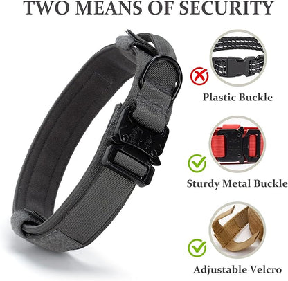 Tactical Dog Collar, Adjustable Military Training Nylon Dog Collar with Control Handle and Heavy Quick-Release Metal Buckle for Small Medium Large Dogs, Grey L