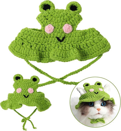 Charming Cat Hat Small Cartoon Themed Knit Cute Cats Bonnet Soft Festive Cats Costumes Halloween Christmas Holiday Party Clothes Head Wear Accessories for Puppy Cat Kitten Dogs Pets Animals (Green)